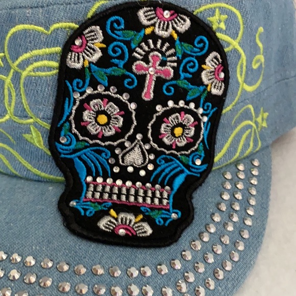 Rhinestone Castro Cap Black Sugar Skull Light Denim - Picture 6 of 8